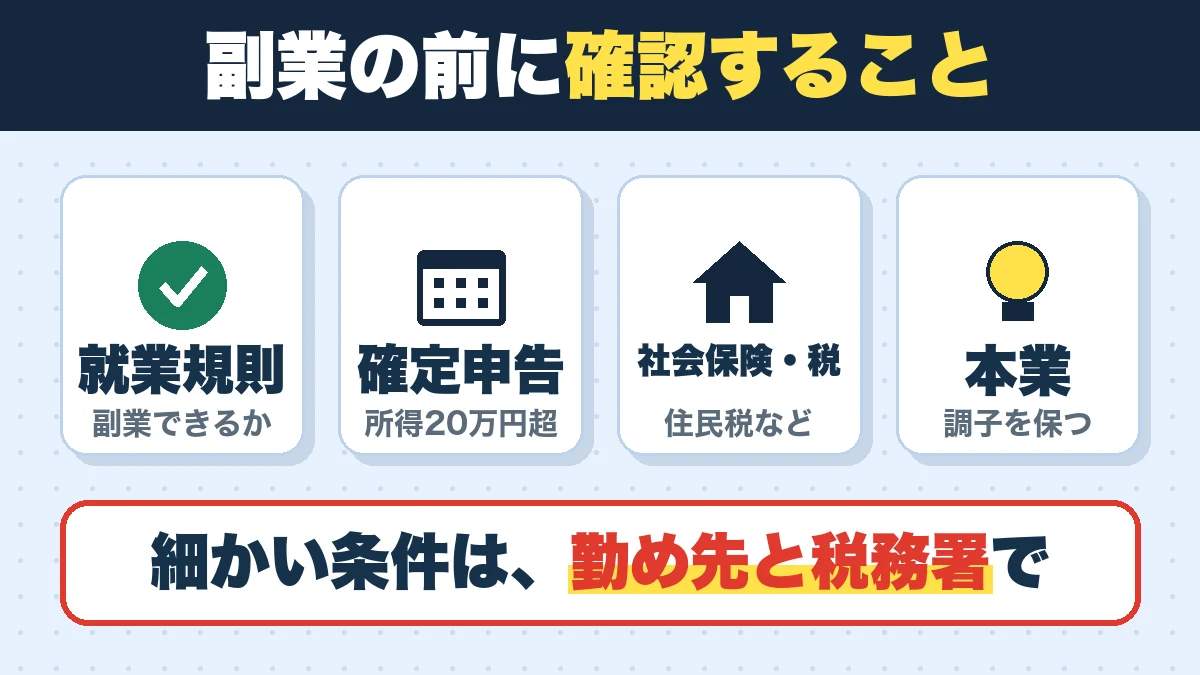 副業の前に確認すること。就業規則(副業できるか)、確定申告(所得20万円超)、社会保険・税(住民税など)、本業(調子を保つ)。細かい条件は、勤め先と税務署で