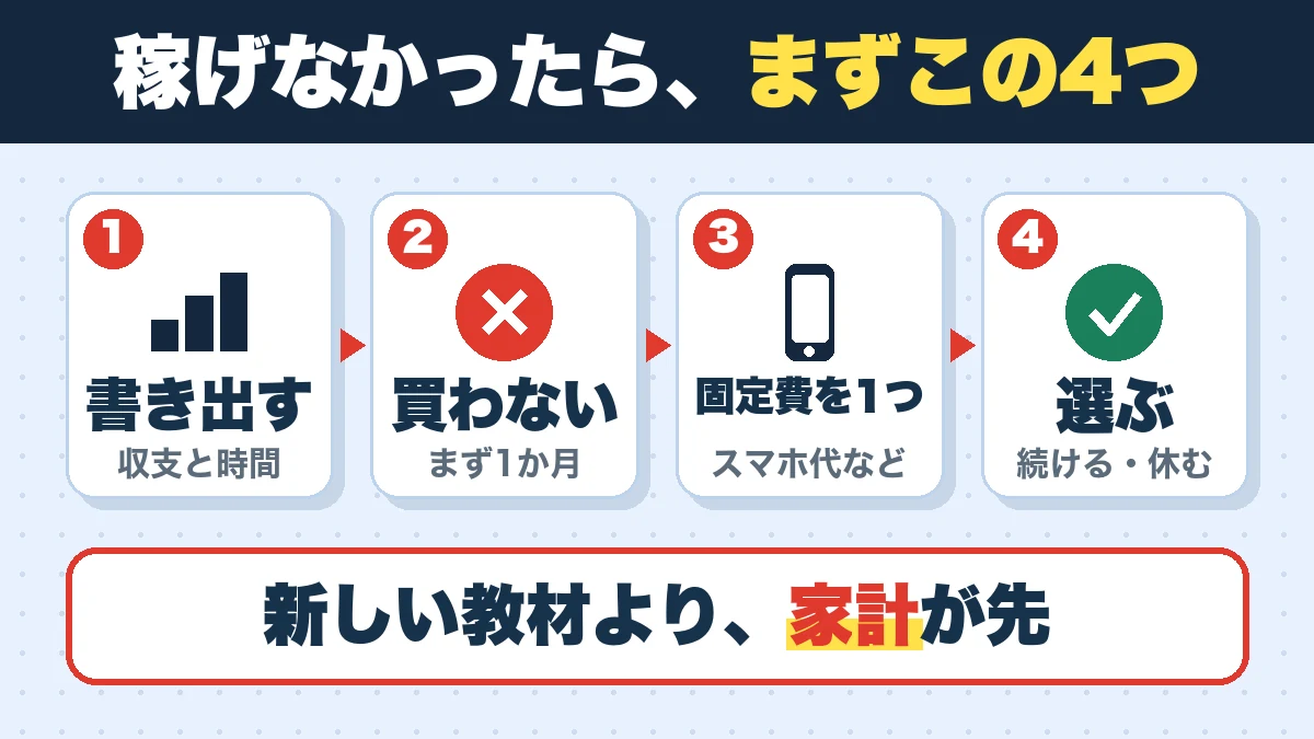 稼げなかったら、まずこの4つ。書き出す(収支と時間)、買わない(まず1か月)、固定費を1つ(スマホ代など)、選ぶ(続ける・休む)。新しい教材より、家計が先