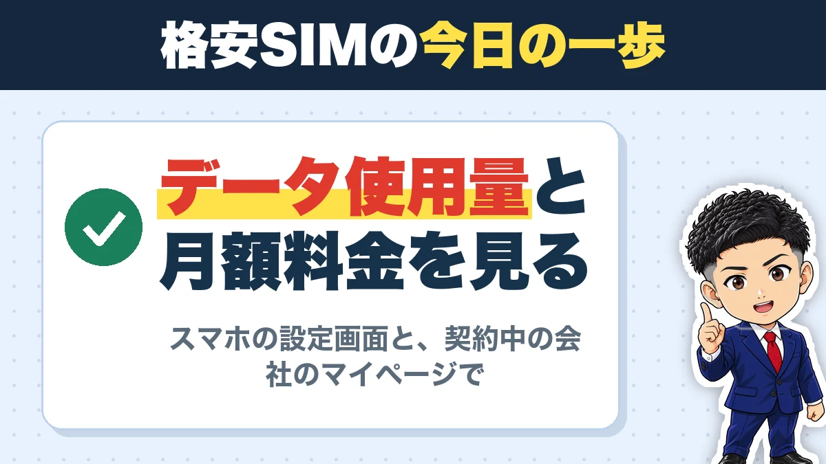 格安SIMの今日の一歩。データ使用量と月額料金を見る。スマホの設定画面と、契約中の会社のマイページで