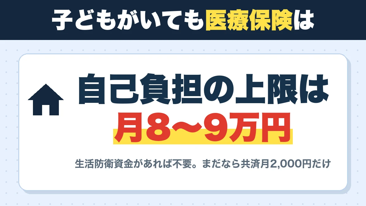 子どもがいても医療保険は。自己負担の上限は月8〜9万円。生活防衛資金があれば不要。まだなら共済月2,000円だけ