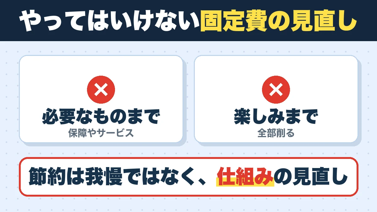 やってはいけない固定費の見直し。必要なものまで（保障やサービス）、楽しみまで（全部削る）。節約は我慢ではなく、仕組みの見直し