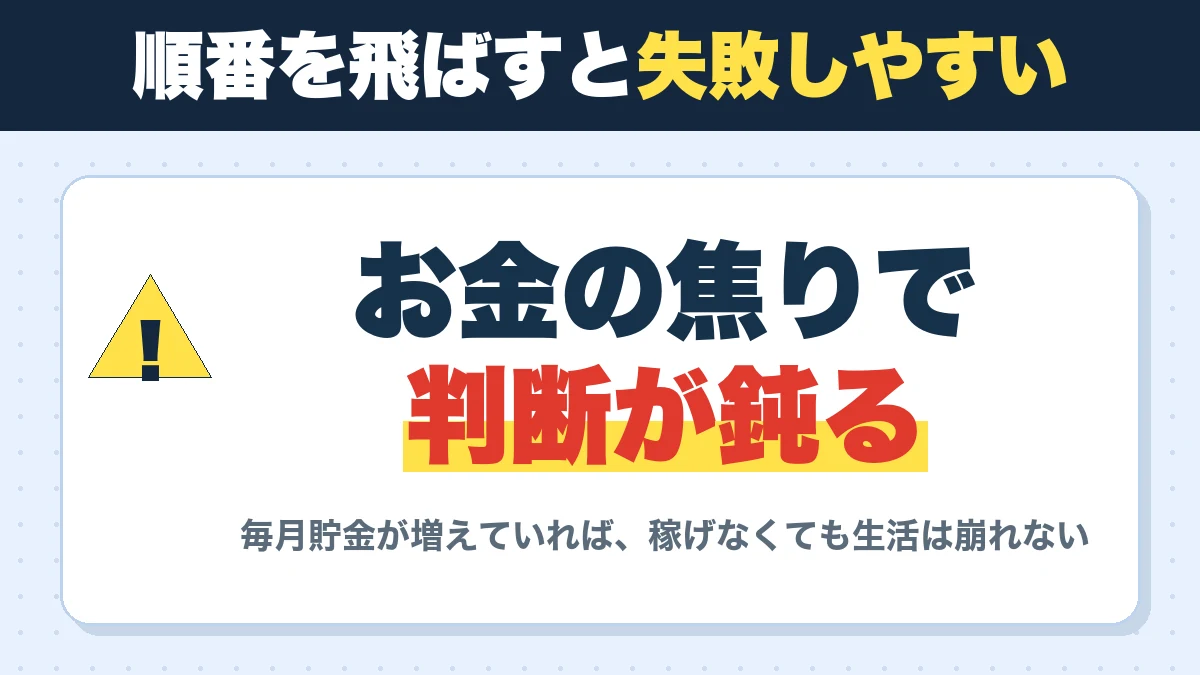 順番を飛ばすと失敗しやすい。お金の焦りで判断が鈍る。毎月貯金が増えていれば、稼げなくても生活は崩れない