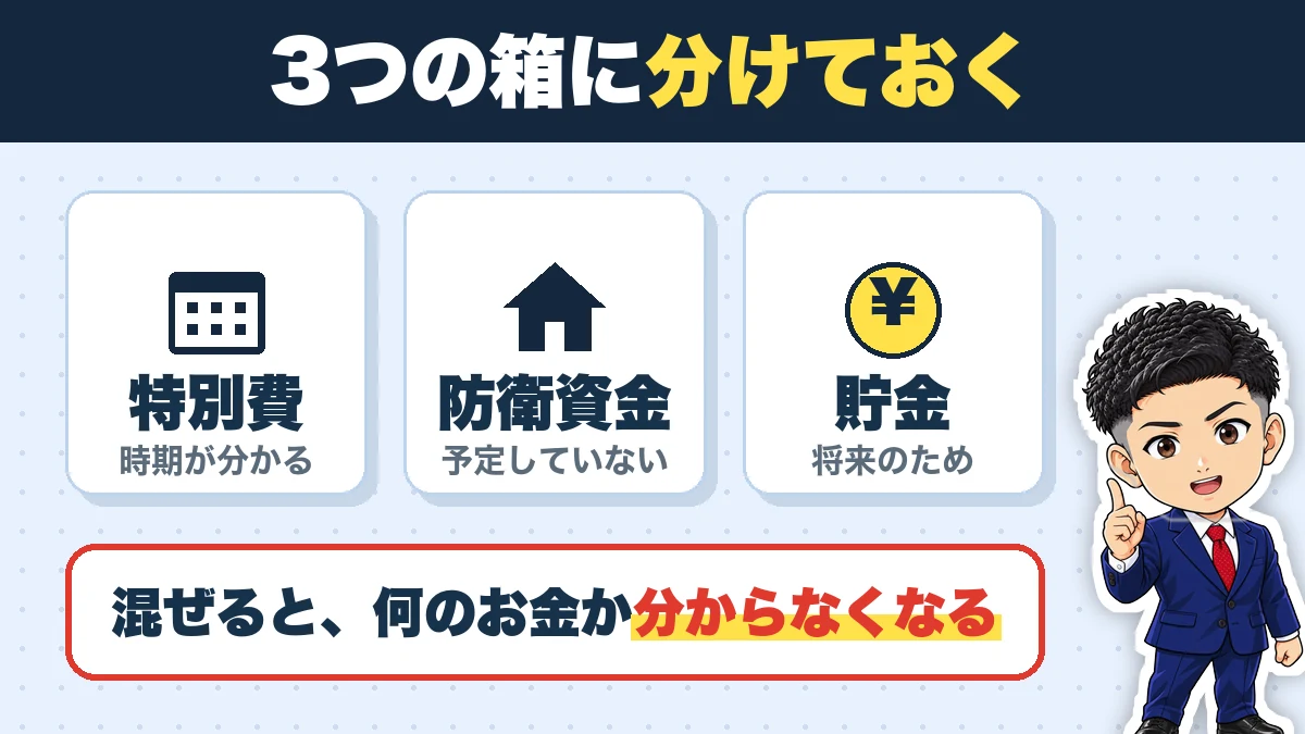 3つの箱に分けておく。特別費（時期が分かる）、防衛資金（予定していない）、貯金（将来のため）。混ぜると、何のお金か分からなくなる